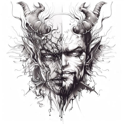 Flat tattoo sketch of Lucifer's face, half angelic and half demonic, in a split design