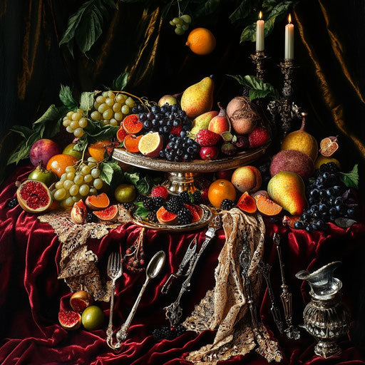 An array of rare and exotic fruits overflowing onto a luxurious velvet tablecloth