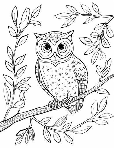 Owl coloring page with blank words, security camera art style