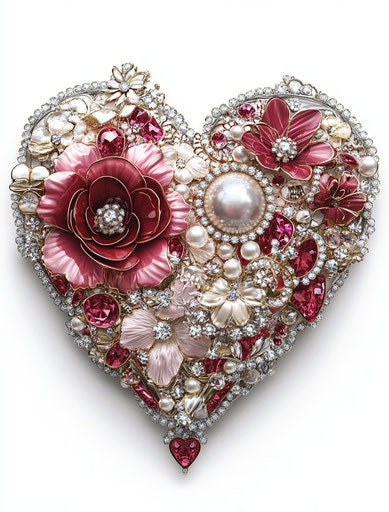 Valentine's Day heart with lace and beads on white background