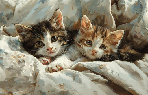 Kittens playing on a bed, dark brown and white style, back button focus, slumped, ironical, subtle, precise 17:11