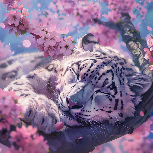 A snow leopard sleeping peacefully in a blooming cherry blossom garden during spring