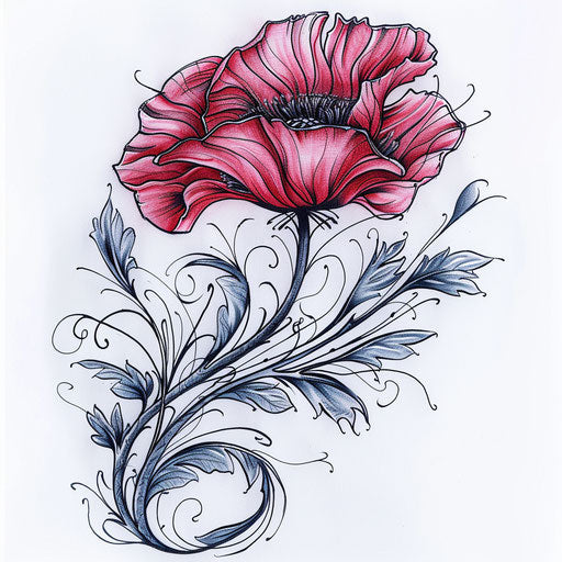 Vintage-inspired poppy tattoo drawing
