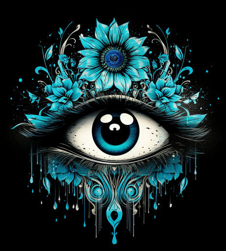 A tribal eye in a floral pattern in light black and turquoise