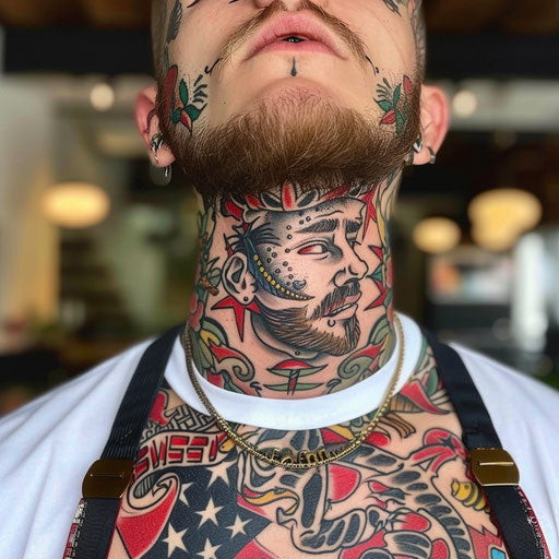 Throat tattoos with classic Americana, in the style of Ed Hardy