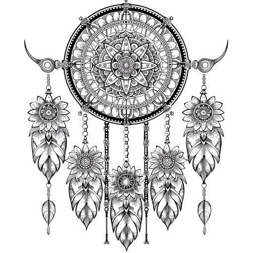 Intricately designed dream catcher with mandala patterns. Coloring page