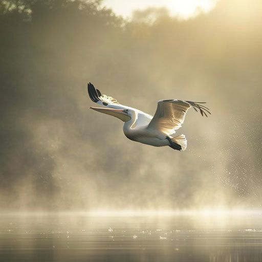 Pelican flying over misty river