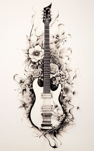 Ink drawing of an electric guitar, tattoo style