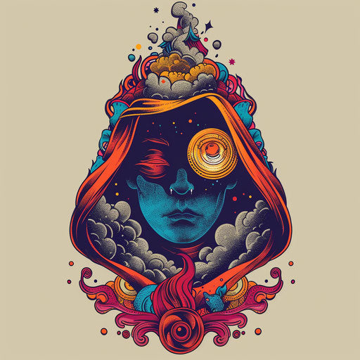 Dreamy hood with supernatural elements in saturated colors