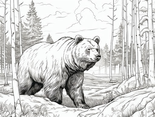 Brown bear coloring page with woods behind