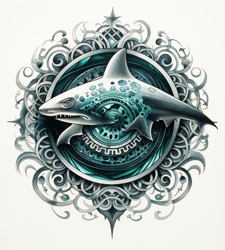 Shark in spiral with symbol, Maori art style, ceiling design, art deco sensibilities, pencil steampunk, handcrafted design, light silver and dark emerald, masks and totems