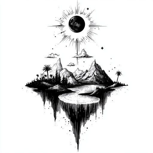 Fantasy constantine tattoo, landscapes on white background