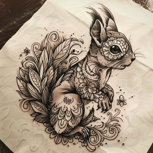 Cultural flat tattoo sketch of a squirrel adorned with traditional folk art motifs