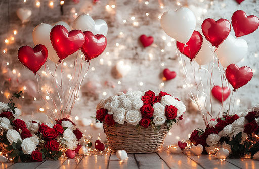 Valentine's Day backdrop with heart-shaped balloons and red roses
