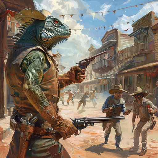 The iguana sheriff confronts outlaws in a dusty Wild West town