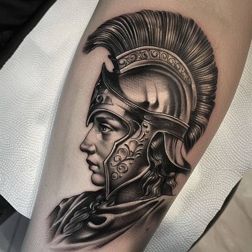 Realistic portrait of Athena in tattoo, detailed in black and gray.