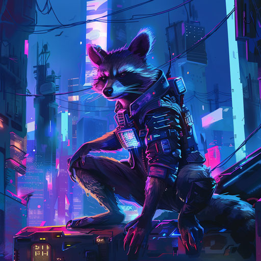 A cyberpunk raccoon hacker infiltrating a futuristic corporation