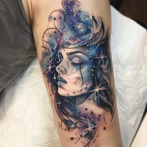 Cosmic Athena tattoo with stars and celestial bodies