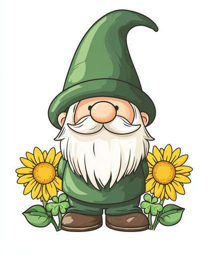 St. Patrick's Day Gnome with Green Hat, Sunflowers, and Shamrocks