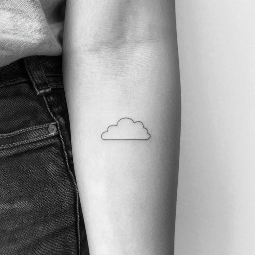 Minimalist single cloud line art tattoo, elegant on white background