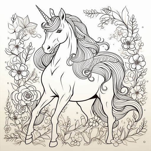 Detailed and colorful unicorn coloring page, illustrative