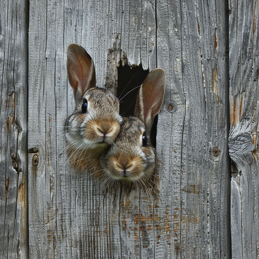 Curious rabbit peeking through rustic wooden fence
