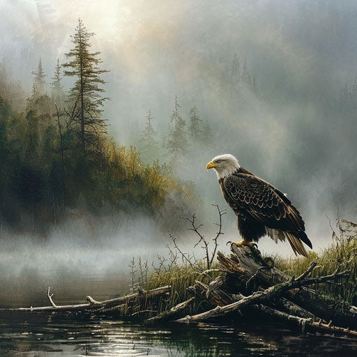 Bald eagle in a misty morning landscape