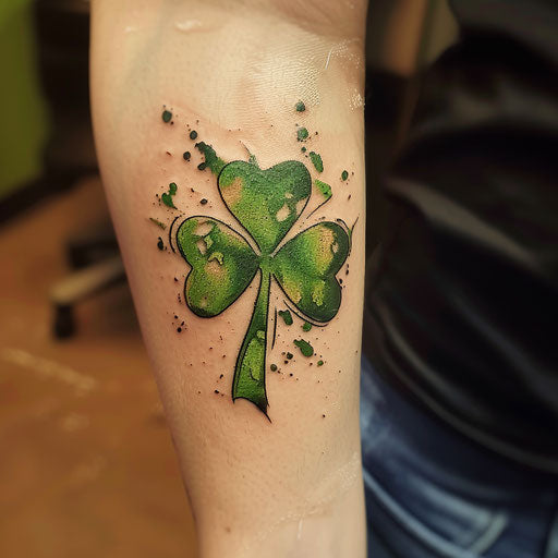 Abstract shamrock tattoo with green hues splash on white canvas
