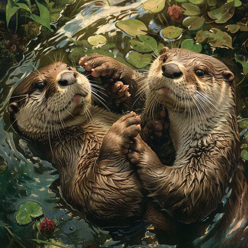 Otters holding paws drifting gentle river