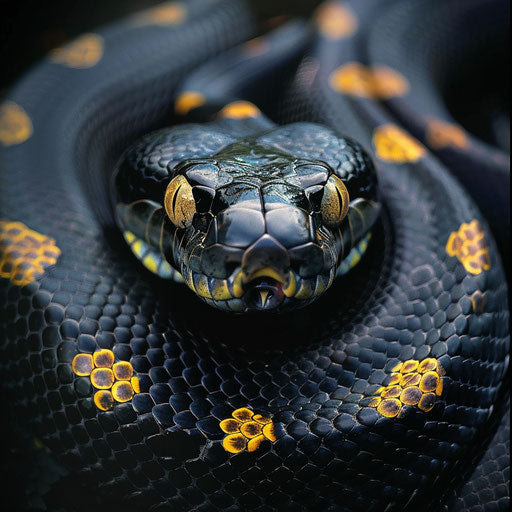 Python snake with striking yellow eyes, in the style of Tim Flach
