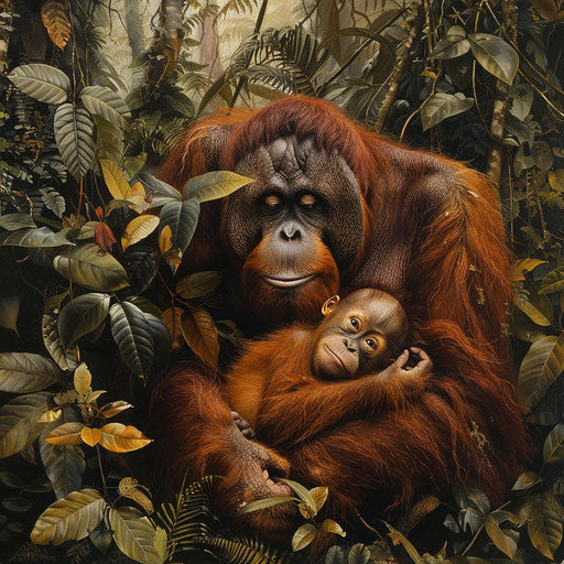 Tapanuli orangutan cradling baby in dense rainforest foliage at sunrise