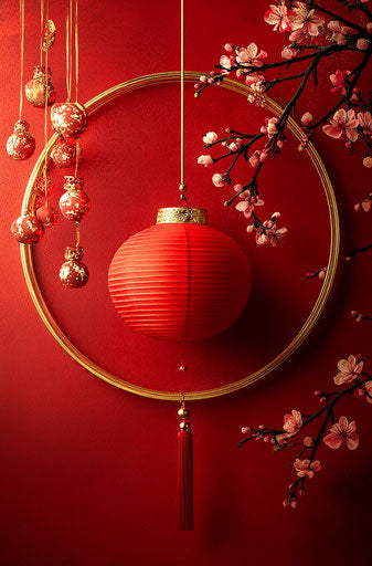 Red lantern with plum blossoms and gold decorations