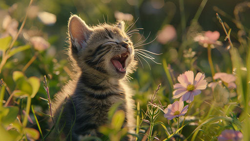 Kitten yawning in grass, smilecore style, dreamy symbolism