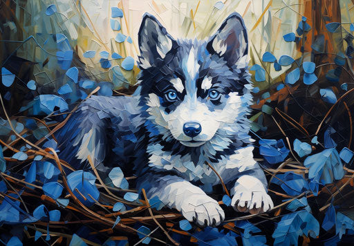 The small husky puppy lying on the grass