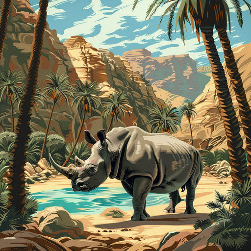 A rhino trekking through a desert oasis