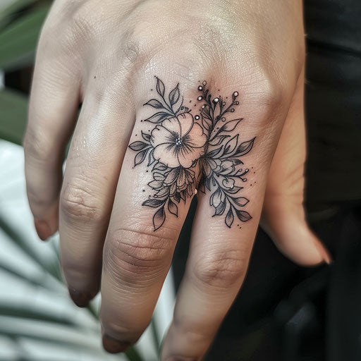Ring tattoo of a delicate floral design, in the style of Humberto Ramos, on the finger