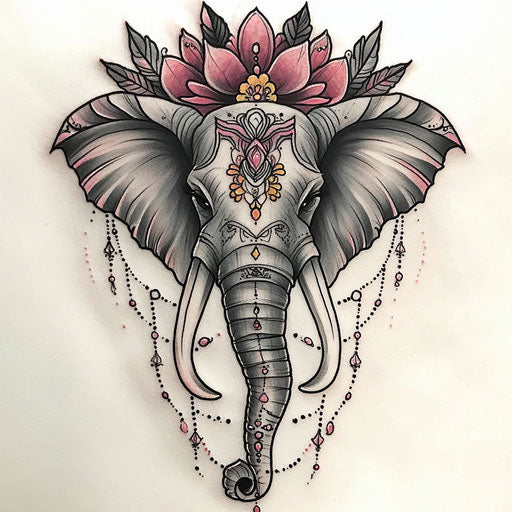 Elegant elephant tattoo on pure white background