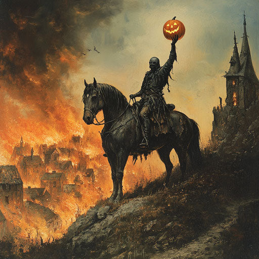 The headless horseman on a hill overlooking the burning village