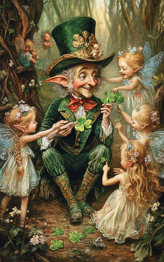 The leprechaun in the enchanted forest with fairies and elves