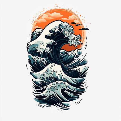 Elbow tattoo with Japanese wave pattern in flat style