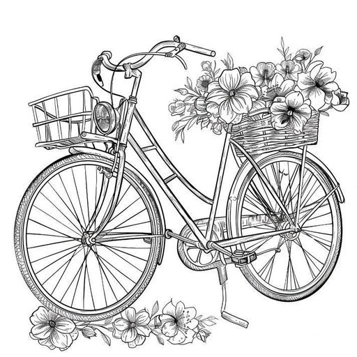 Vintage bicycle with flower-filled basket. Coloring page