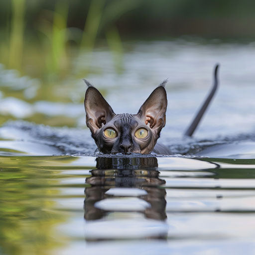 Cornish rex cat swimming in a lake by the shore