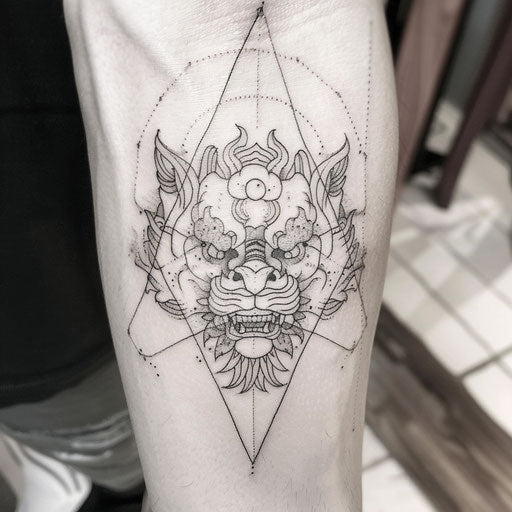 Geometric foo dog tattoo on white canvas