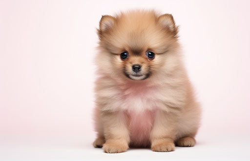 Pomeranian puppy on white background, maroon and beige style