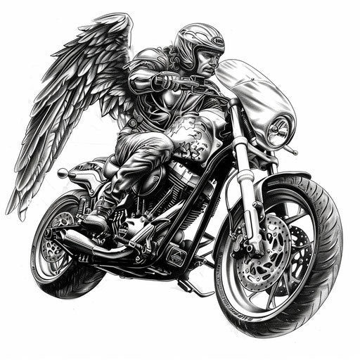 Hyper-realistic tattoo of an archangel with a modern motorcycle