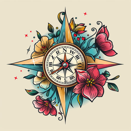Colorful floral sundial tattoo sketch