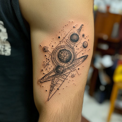 Tricep tattoo of a cosmic galaxy with planets