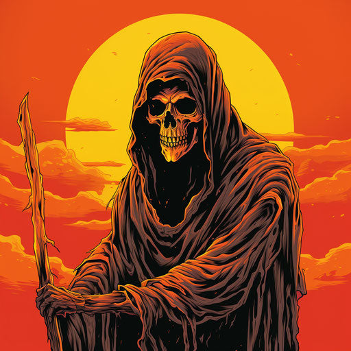 Dark reaper drawing by Nick Drobes, bold outlines, flat colors, realistic stylized