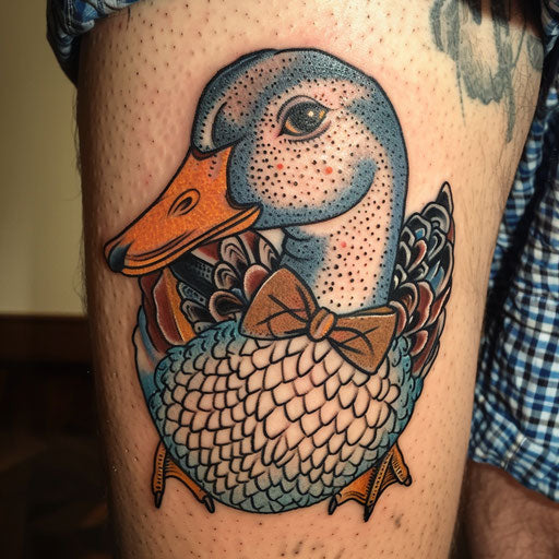 Whimsical flat tattoo sketch of a playful bow tie wearing cartoonish goose