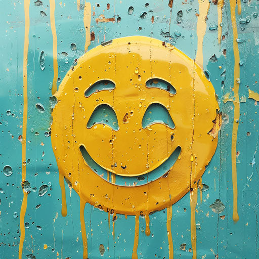 The face of emoji in the rain, teethcore style, yellow and aquamarine, commentary on race, lighthearted, inlay, rounded, happenings
